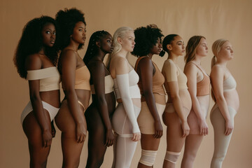Wall Mural - Young diverse group of women wearing underwear. Concept image representing diversity and self acceptance