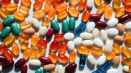 Wall Mural - Fill the view of different coloured pills and capsules. Medical care concept. Generative AI