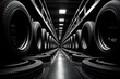 A black and white photo of tires in a warehouse. Generative AI.