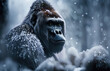 AI generated illustration of a majestic silverback gorilla against a wintery backdrop