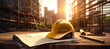 Yellow construction helmet on blurred background of construction site