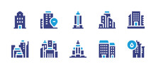 Building Icon Set. Duotone Color. Vector Illustration. Containing Office Building, Buildings, City, Flats, Building, Empire State Building.