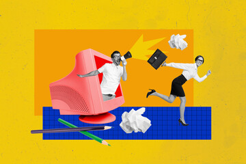 Poster - 3d retro abstract creative artwork template collage of funny man chief order employee deadline online bizarre unusual fantasy billboard