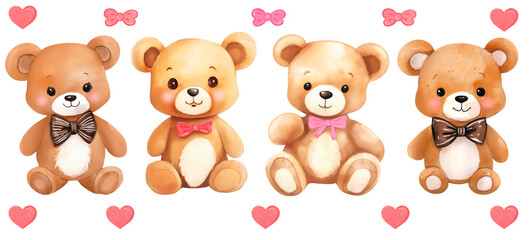 set of cute teddy bear clipart in watercolor on a transparent background 