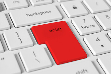 Large red Enter button on white keyboard for web design, tech blogs, and software interfaces. Concept related to data entry, technology, and user interfaces