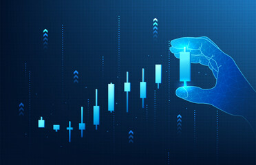 Wall Mural - Stock chart technology A hand holding a candlestick chart represents managing a business to grow into a leader. Modern finance uses technology to see prices in the stock market.