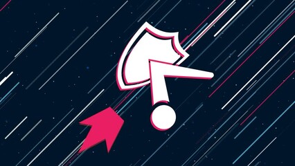 Poster - Ball bounces off the shield symbol flies through the universe on a jet propulsion. Seamless looped 4k animation on dark blue background with stars