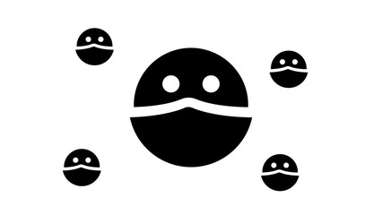 Poster - Zoom in and out animation the masked face symbol. Large black symbol in the center and four small symbols around. Seamless looped 4k animation on white background