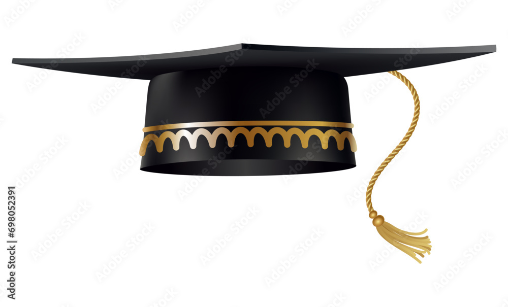 Course Picture Hat Graduation cap. Black educational student hat with golden tassel ...