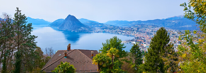 Canvas Print - Lake Lugano and Monte San Salvatore from Monte Bre slope, Ticino, Switzerland