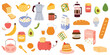 Healthy breakfast.Morning.Various food and drink.Cereal, cup of tea,coffee,avocado,toast,croissant,butter,egg,fruit,honey.Vector illustration.
