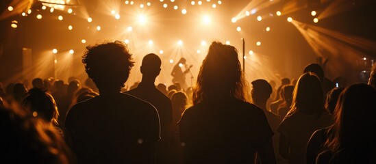 Wall Mural - Silhouetted people surrounded by spotlights on stage with event noise.