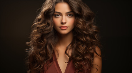 Wall Mural - A woman with wavy hair, brunette, showcases her long and glossy curls. A beautiful model with an elegant wavy hairstyle.  