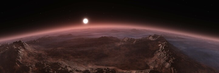 Wall Mural - Mars at sunset, panorama of Mars, alien landscape, a panorama of a surface of another planet, 3D rendering
