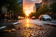 Sunset glow on cobblestone street with autumn leaves