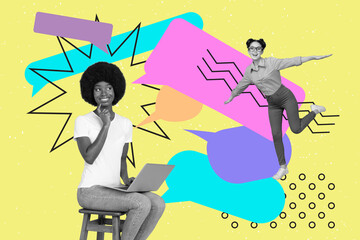 Aufkleber - Collage picture of black white colors girls sit chair use netbook contemplate dancing dialogue bubble isolated on yellow background