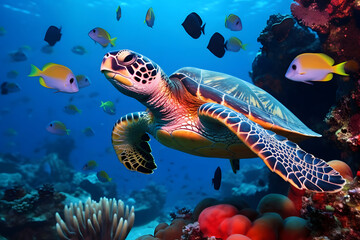 Wall Mural - A turtle swims in the ocean. 