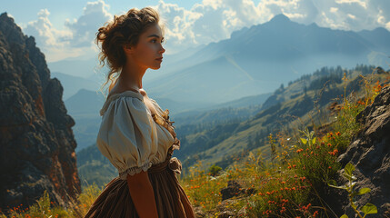 Poster - A young woman with tanned skin, curly hair and a large dress looking at the mountains