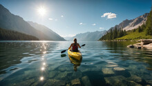 Young Woman Kayaking In The Picturesque Lake. Generative Ai
