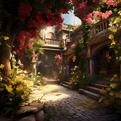 Wall Mural - A hidden courtyard with an abundance of blossoming flowers and winding paths.