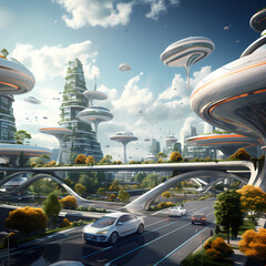 Sticker - Futuristic cityscape with sleek architecture and flying cars.