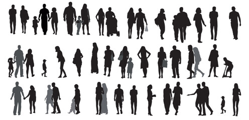 Wall Mural - silhouette of family.  silhouette of family collection or group Standing, playing, dancing, walking talking and posing on isolated white background.
