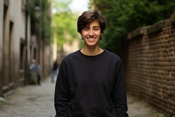 A happy young man with a confident smile, casualy dressed, standing in an urban setting.