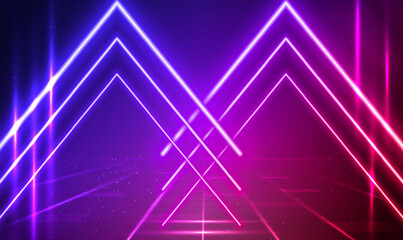 Poster - neon sci fi purple blue glowing laser arrows technology background. podium, road, pedestal or platfo