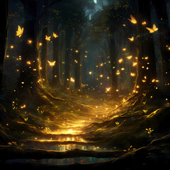 Poster - Mysterious forest illuminated by the soft glow of bioluminescent fireflies.