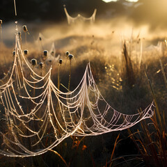 Morning sunlight casting a soft glow on intricate spiderwebs in a dew-kissed meadow.