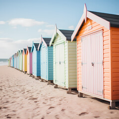 Poster - Row of beach huts in pastel colors lining a sandy beach.