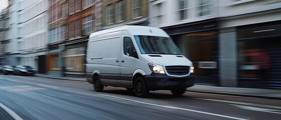 Wall Mural - A white van is moving fast on a city road. White delivery and logistics machine