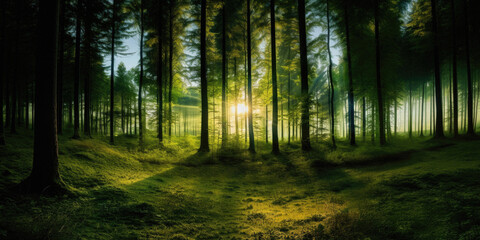  Panoramic view of the dark forest at sunset. The rays of the sun make their way through the trees .