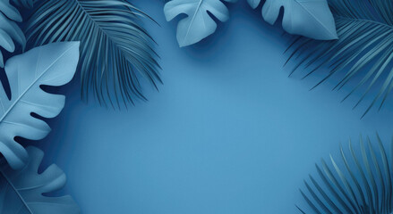 tropical palm leaves on blue background .