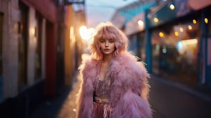 Sticker - cute beautiful girl with pink hair in a stylish fur coat, young woman, portrait, person, fashion, smile, face, morning light, street, city background, hairstyle, lady, design