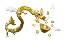 Chinese Gold Ingot With Dragon, Cloud, Coin. Chinese New Year 2024 Capricorn. 3d Render Illustration