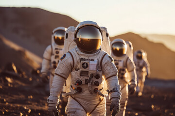 Wall Mural - group of astronauts exploring unknown planet. people wearing space suits walking on mountain landsca