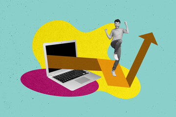 Poster - Creative trend collage of happy young man celebrate achievement remote work result arrow point weird bizarre unusual fantasy billboard