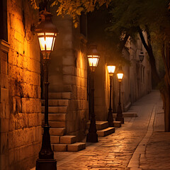 Wall Mural - Vintage street lamps casting a warm glow on an ancient stone pathway.