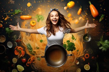 Wall Mural - Beautiful positive girl prepares a delicious, healthy dish