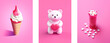 Happy valentine’s day posters on bright pink background color, 3d isometric style, greeting cards with ice cream, teddy bear, drage