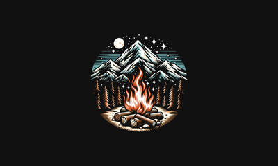 campfire on forest and mount snow vector artwork design