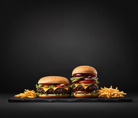 Two hamburgers with french fries on a black background. 3d rendering