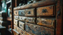 Old Wooden Textured Drawers Background In China.Herbal Medicine Shop In China.Vintage Asian Objects.