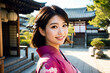 着物を着た笑顔のかわいい日本人女性,神社,浴衣, 神社, 京都, お正月, 元旦, 行楽地, 若い女性, 笑顔,