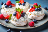 Pavlova meringue mini cakes with whipped cream and fresh berries.