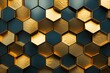 Opulent, extravagant wall with golden, polished hexagonal tiles. The blocks create a luxurious 3D render wallpaper. Generative AI