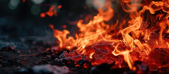 Poster - Various red flames danced naturally in the dark at night.