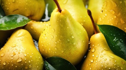Wall Mural - Closeup fresh ripe yellow pears fruit with green leaves, water drops natural background. Generate AI