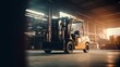 © IC Production - Forklift truck moving in warehouse in blurry motion. Concept of warehouse. The forklift in the big warehouse on blurred background. Delivery concept. Storehouse concept. Box concept. Logistic concept.